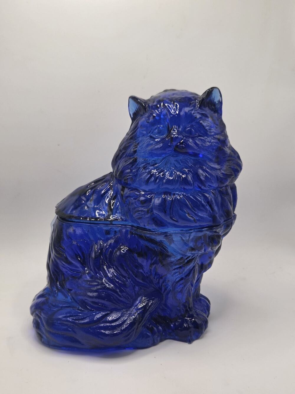 Vintage Cobalt Blue Pressed Glass Persian Cat Candy Dish Canister 2 Pieces Kitty